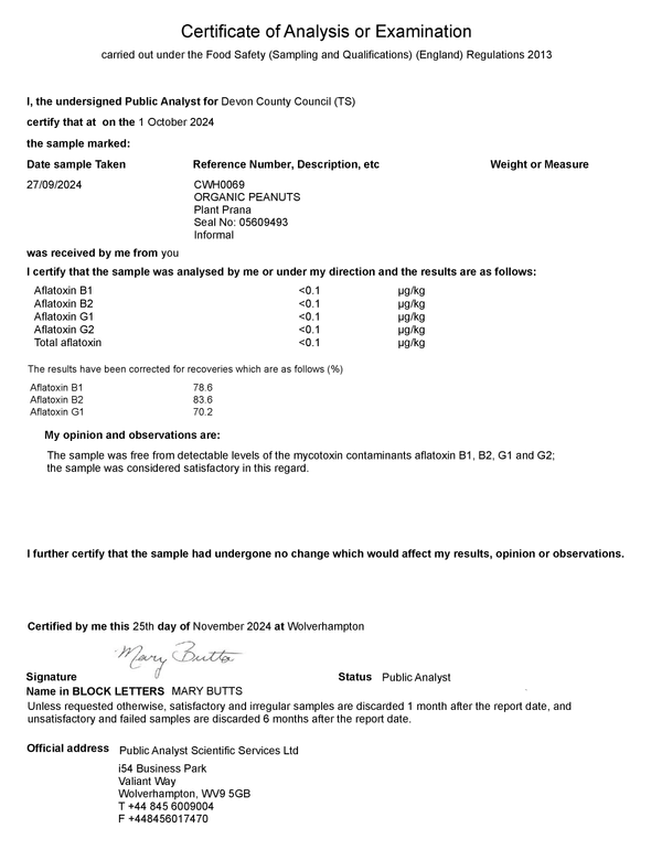 Organic Bio-activated Peanut Butter Aflatoxin-free test certificate