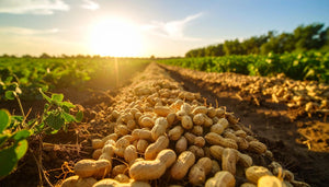 Activated peanut butter – organic bio-activated peanuts. Peanuts on the ground of a field with sunset in the background