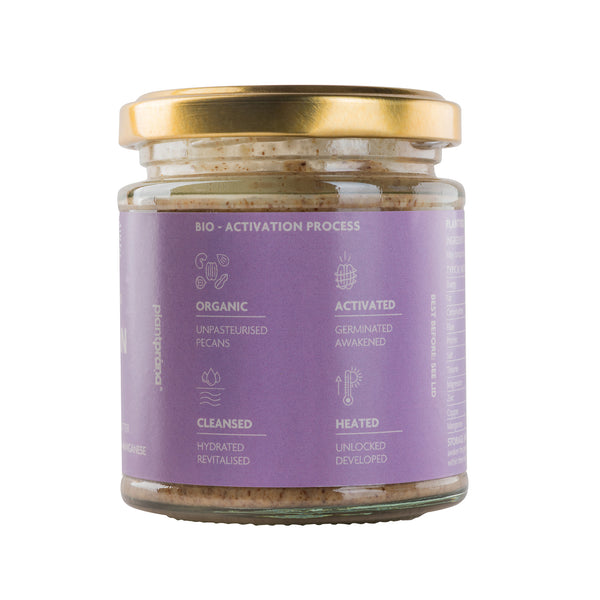 Organic Activated Pecan Butter 170g jar bio-activated process section by Plant Prana