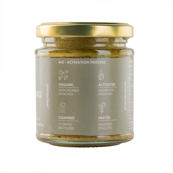 Organic Activated Pistachio Butter 170g jar bio-activated process section by Plant Prana